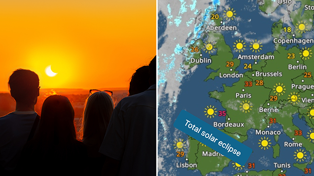 People are watching a solar eclipse. The sun is already partially obscured. Next to it is the weather radar forecast for Wednesday, showing an almost cloudless sky.