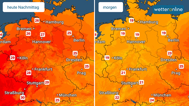 Vergleich der Temperaturen heute und morgen. Verbreitet wird es morgen 5 bis 10 Grad kühler.