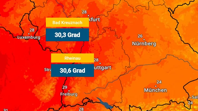 TemperaturRadar mit 30,6 Grad in Rheinau und 30,3 Grad in Bad Kreuznach.