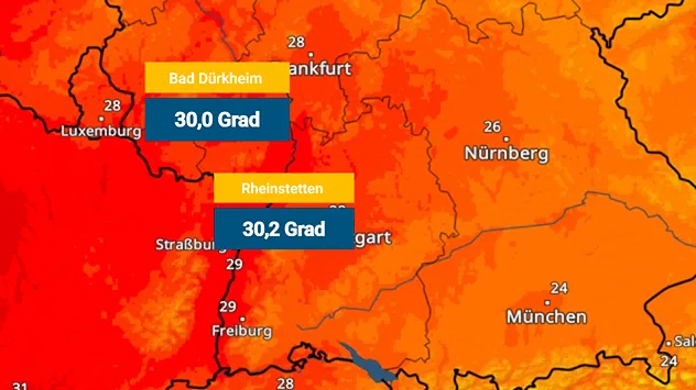 TemperaturRadar mit aktuellen Werten im Südwesten Deutschlands. Rheinstetten meldet 30,2 Grad, Bad Dürkheim 30,0 Grad.
