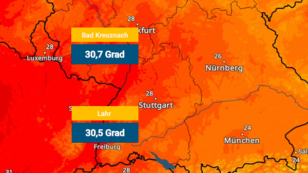 TemperaturRadar mit 30,7 Grad in Bad Kreuznach und 30,5 Grad in Lahr.