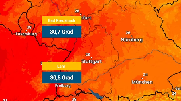 TemperaturRadar mit 30,7 Grad in Bad Kreuznach und 30,5 Grad in Lahr.