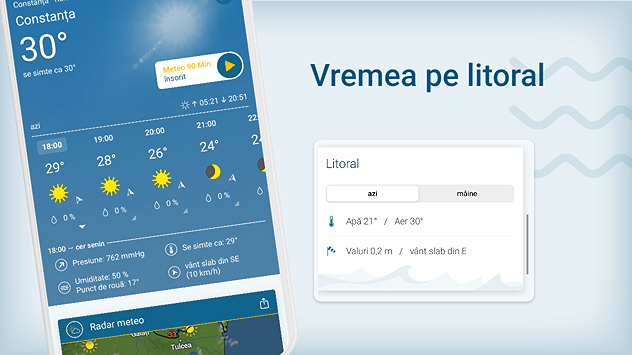 Vremea pe litoral: temperatura apei și înălțimea valurilor, în aplicația Meteo & Radar