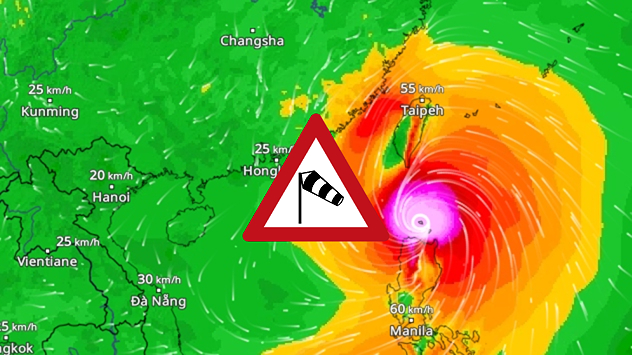 Wind radar with typhoon and warning symbol for strong winds in Taiwan and the Philippines.