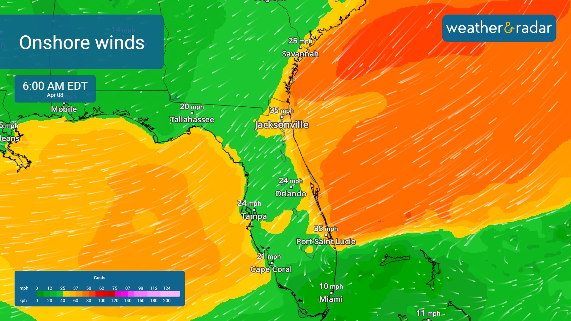 The WindRadar shows powerful onshore winds this afternoon.