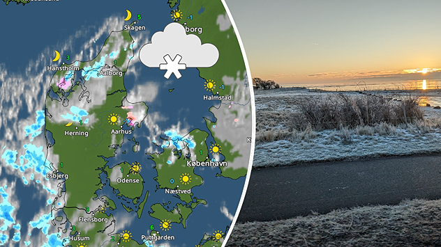 Spli-billede. VejrRadarkort til venstre viser en anelse sne. Til højre ses en frosklat morgen, med meget lidt sne.