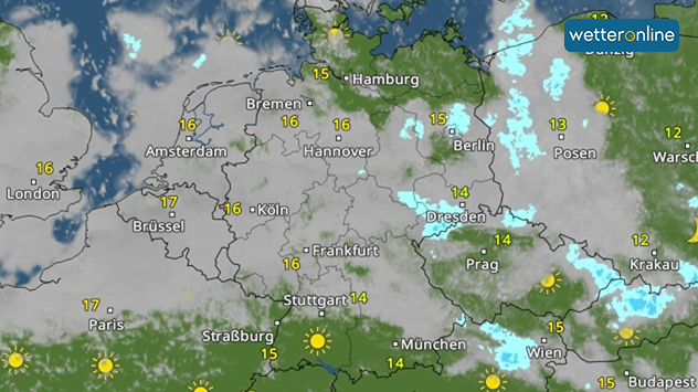 Wetterkarte mit Sonne, Wolken und Regen über Deutschland, Temperaturen um 15 Grad.