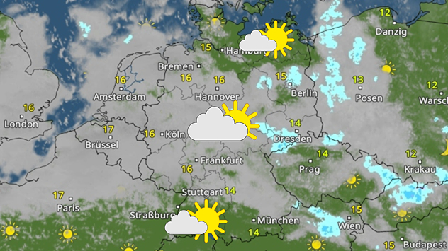 Wetter in Deutschland Wetterkarte mit Sonne, Wolken und Regen über Deutschland, Temperaturen um 15 Grad.