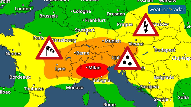 Severe weather warning map of central Europe showing colour-coded alert areas with warning symbols for strong winds over eastern France and western Switzerland, thunderstorms from Austria into southern Poland, and heavy rain across northern Italy and hte northern Adriatic.