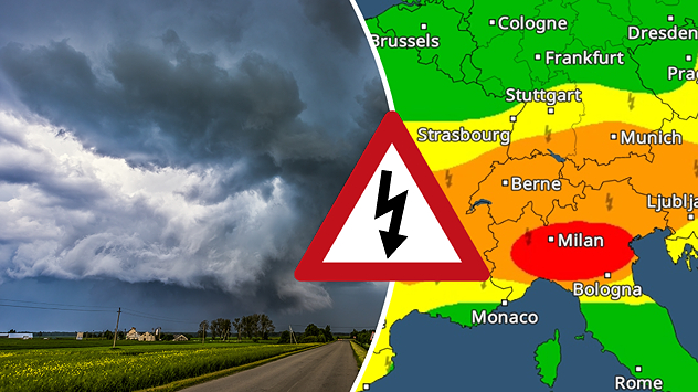 Split image showing a dramatic supercell thunderstorm with dark rotating clouds over open countryside on the left, and a severe thunderstorm warning map on the right highlightning elevated storm risk across parts of central Europe, including northern Italy, Switzerland, eastern France, and southern Germany.