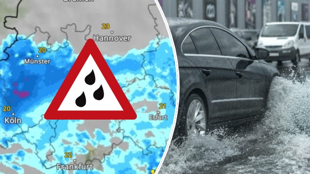 WetterRadar mit Regengebiet und Foto eines Autos auf einer überschwemmten Straße