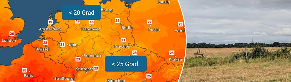 Das TemperaturRadar für Montag zeigt verbreitet nur noch Werte zwischen 18 und 25 Grad. Etwas wärmer bleibt es am Oberrhein mit bis zu 27 Grad.