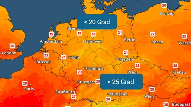 Das TemperaturRadar für Montag zeigt verbreitet nur noch Werte zwischen 18 und 25 Grad. Etwas wärmer bleibt es am Oberrhein mit bis zu 27 Grad.