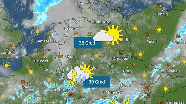 Im Süden Gewitter und rund 30 Grad, im Norden Sonne-Wolken-Mix bei um und unter 25 Grad
