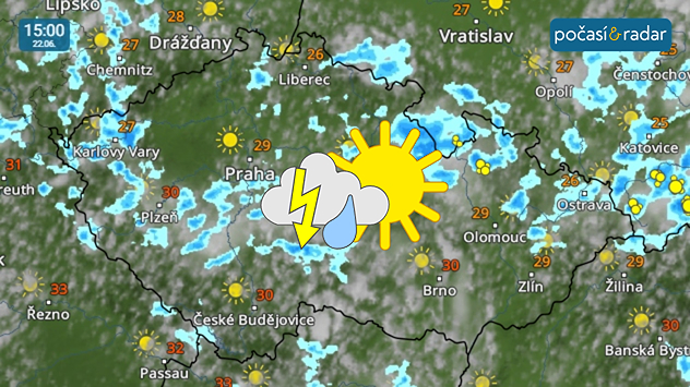 Meteoradar, screenshot, 22. 6. 15:00: Pondělí do Česka přinese horké a většinou i slunečné počasí, i když během dne bude docházet k nárůstu kupovité oblačnosti, kterou místy doprovodí i přeháňky nebo bouřky.