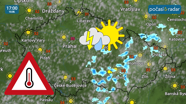 Meteoradar, screenshot, 10. srpna 17:00: Pondělí přinese velmi horké počasí; během odpoledne se lokálně vyskytnou přeháňky, ojediněle i bouřka.