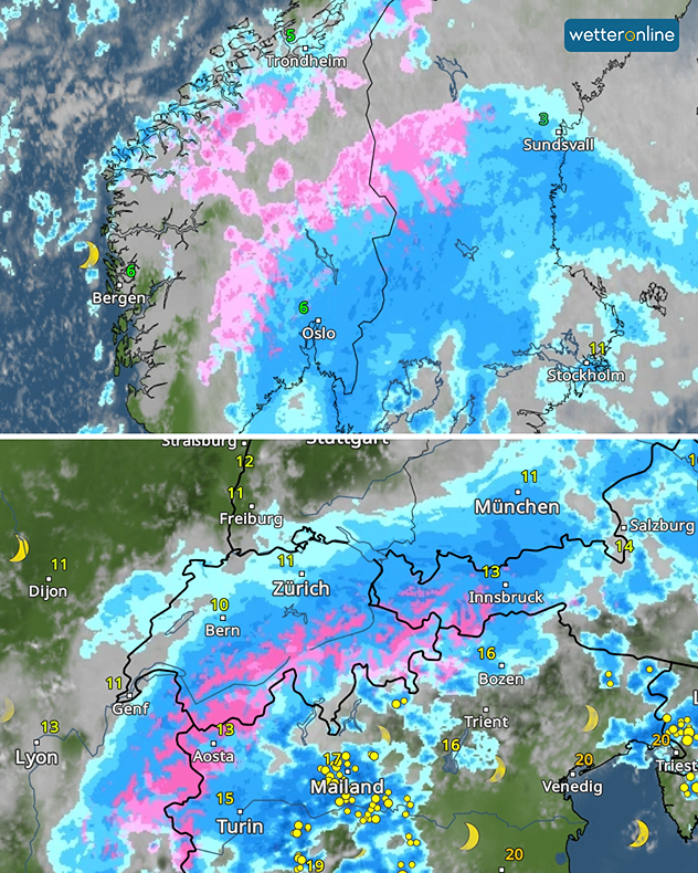 Dvojitý obrázek. Nahoře je meteorologická mapa Norska se sněhem a deštěm. Dole: meteorologická mapa Alp s deštěm, sněhem a bouřkami