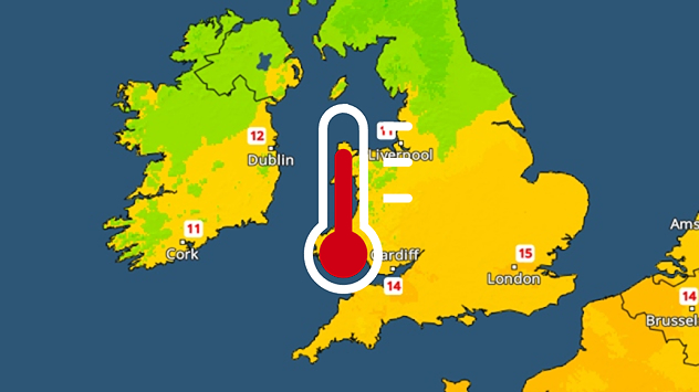 Temperature map of the UK and Ireland showing yellow-green gradients with city values, including Dublin at 12, Cork at 11, Cardiff at 14, and London at 15, overlaid by a large red thermometer graphic centred on Wales.