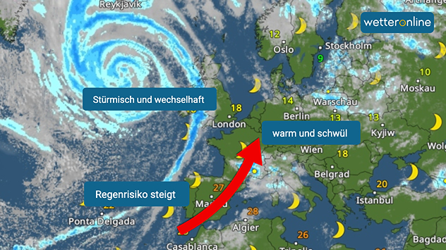 Auswirkungen des ehemaligen Tropensturms ERIN in der kommenden Woche. Der rote Pfeil zeigt, wie warme Luft vom Mittelmeer nach Mitteleuropa geführt wird.