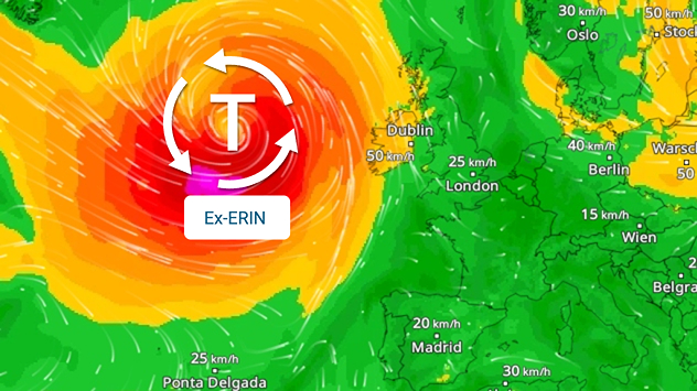 Das WindRadar zeigt den ehemaligen Hurrikan ERIN auf dem Atlantik.