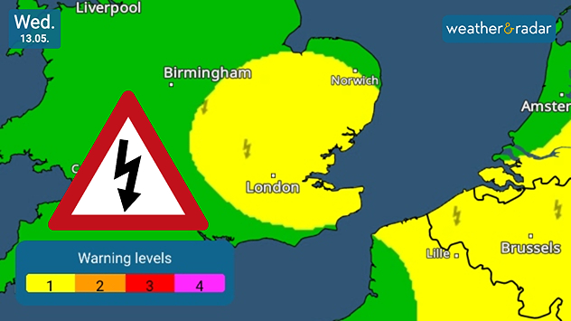 Weather warning map of southern UK showing a yellow thunderstorm alert area around London and East Anglia, with lightning icons, a warning triangle, and a color-coded alert scale on Wednesday 13.05.