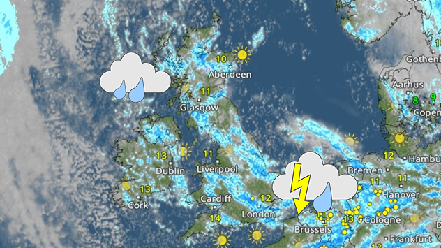 Satellite weather map of the UK and western Europe showing rain bands across Britain, a rain cloud icon over Scotland, and a thunderstorm icon near Belgium and northern France on Wednesday 13.05.