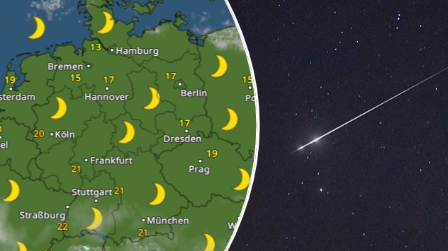 WetterRadar zeigt sternenklaren Himmel (links), Sternschuppe am Nachthimmel (rechts)