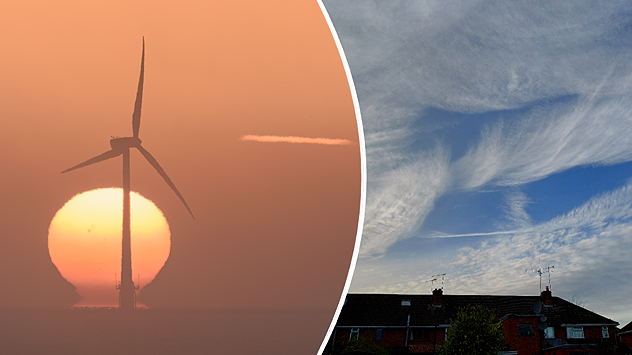 Split image showing dark rooftop chimneys silhouetted against a vivid orange-red sunset on the left, and large white cumulus clouds rising over trees under a blue sky on the right.