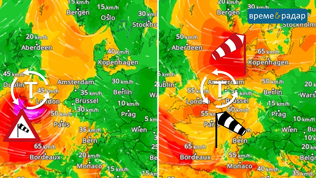 Двучастна графика на Картата на вятъра за Европа. Вляво – силата на вятъра в четвъртък вечер, вдясно – в петък през деня. Цветовете показват силен до бурен вятър.