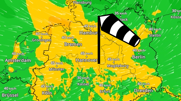 Wetterkarte mit gelb und grün gefärbten Windfeldern über Deutschland. Schwarze Windfahne bei Berlin zeigt Böen bis 45 km/h. Besonders windig zwischen Köln, Hamburg und Magdeburg.