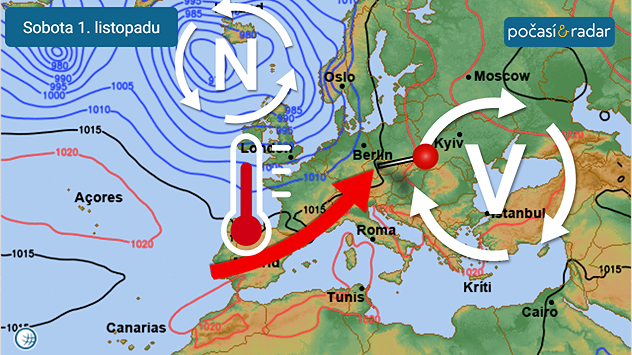 Synoptická situace nad Evropou, sobota 1. listopadu: Do Česka v těchto dnech proudí teplý vzduch od jihozápadu mezi tlakovou níží nad severozápadní Evropou a tlakovou výší nad východní Evropou.