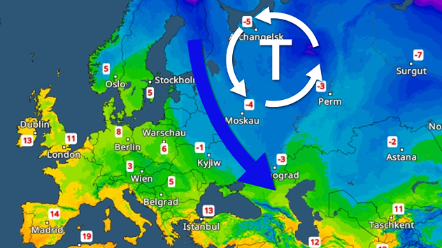 Map of Europe showing low pressure over Russia and a strong cold air flow towards Eastern Europe. Significant drop in temperatures across large parts of the east.