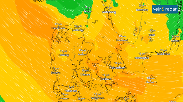 VindRadarkort viser kraftig vind over Danmark, 14-18 m/s.