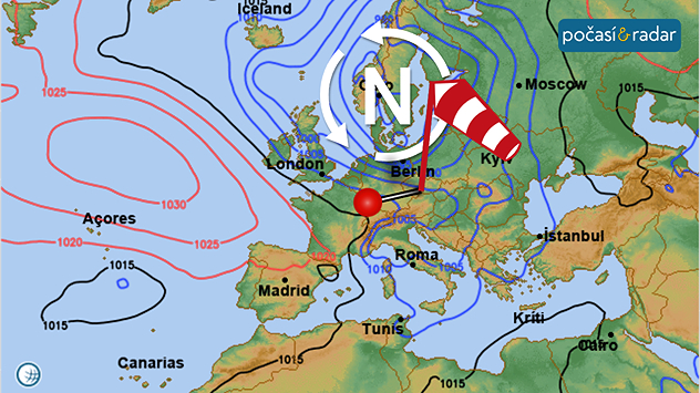 Synoptická situace nad Evropou, mapa, neděle 26. 10. Hluboká tlaková níže se středem nad jižní Skandinávií a Severním mořem přináší tento víkend do Česka chladné, větrné a oblačné počasí s přeháňkami.