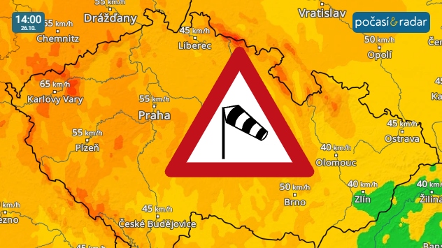Větrný radar, screenshot, 26. 10. 14:00: Velmi větrná bude v Česku zejména neděle, kdy v průběhu dne očekáváme čerstvý západní až jihozápadní vítr, jehož nárazy budou zejména v Čechách dosahovat rychlostí až 70 km/h.