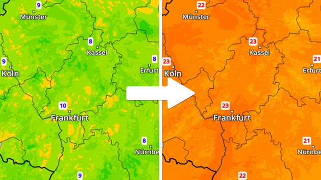 TemperaturRadar mit Tiefstwerten und Höchstwerten von Samstag
