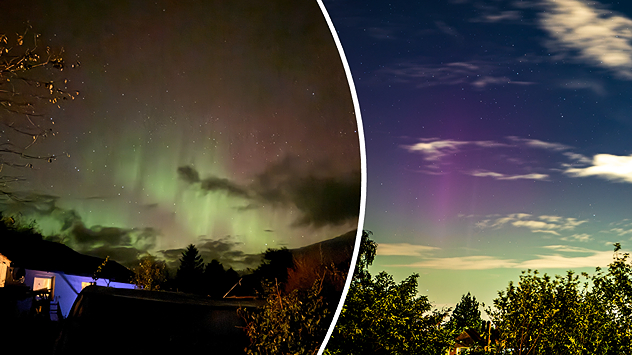Split image showing green and purple aurora borealis glowing across starry night skies above dark rooftops, trees and scattered clouds.