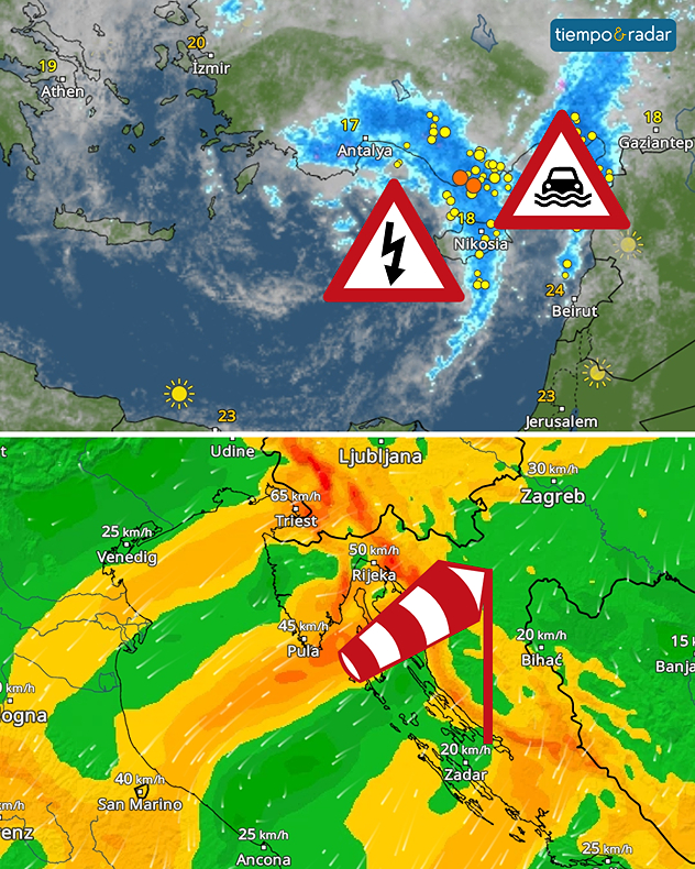 Se prevén fuertes tormentas en Turquía y Chipre. En la costa de Croacia sopla con fuerza la bora, como se puede ver en el radar de viento que aparece a continuación.