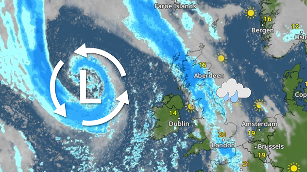 Weather map for Wednesday 30.09 showing low pressure west of Ireland and a broad rain band sweeping across the UK, with showers over eastern Britain.