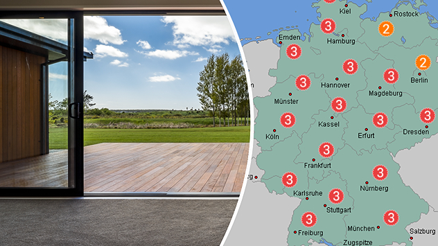 Offenes Fenster zu einer Terrasse mit Blick auf Feld - Pollenflugvorhersage