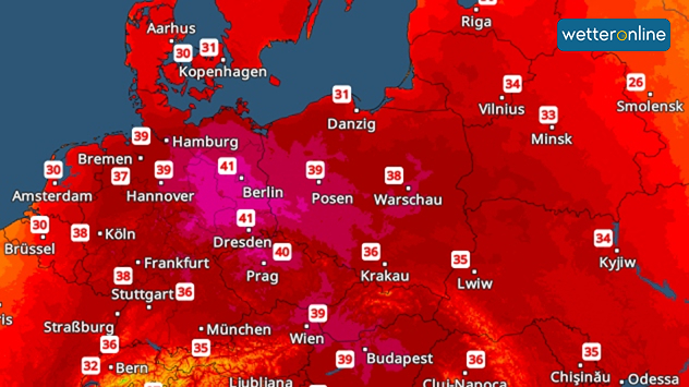 TemperaturRadar für Sonntag mit großflächig extremer Hitze in Mitteleuropa. Von Ostdeutschland bis Polen werden Höchstwerte um 40 bis 41 Grad dargestellt.