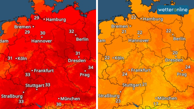 TemperaturRadar zeigt große Temperaturunterschiede zwischen Samstag und Sonntag