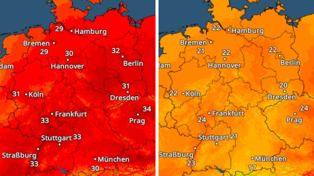TemperaturRadar zeigt große Temperaturunterschiede zwischen Samstag und Sonntag