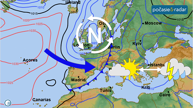 Synoptická mapa Európy s tlakovou nížou nad severnou Európou, studeným frontom a premenlivým počasím