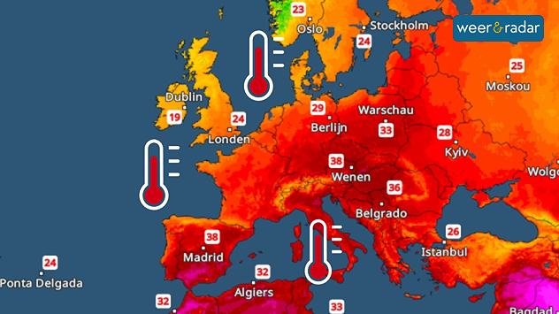 De Middellandse Zee, de Atlantische Oceaan en delen van de Noordzee zijn bovengemiddeld warm voor de tijd van het jaar. Een thermometer (rood) is daar ingetekend.