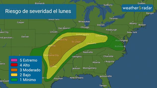 Zona de riesgo severo del lunes.