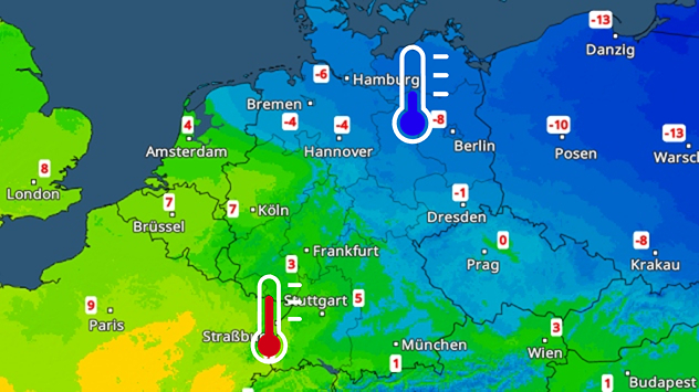 TemperaturRadar-Karte von Mitteleuropa mit starkem Temperaturgefälle: milder im Westen, sehr kalt im Osten, markiert durch Thermometersymbole.