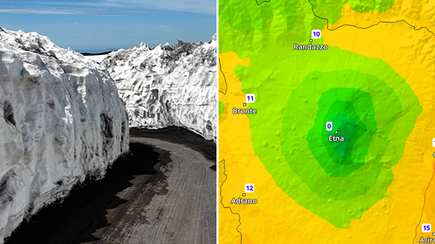 En plena primavera, en el Etna se forman impresionantes muros de nieve que hacen que el volcán parezca casi un paisaje invernal.