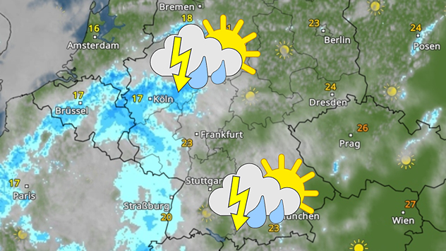 Wetterkarte Deutschlands mit Gewittern im Westen und Süden sowie sonnigeren Abschnitten im Osten. Temperaturen um 17 bis 27 Grad.