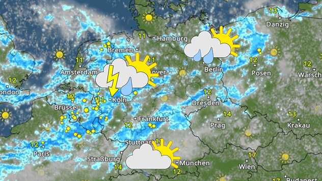 WetterRadar über Mitteleuropa mit Regenwolken, Gewittersymbolen und sonnigen Abschnitten am Nachmittag.